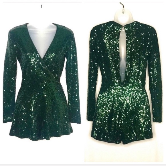 Oh My Love Pants - OML split back green sequin long sleeve romper